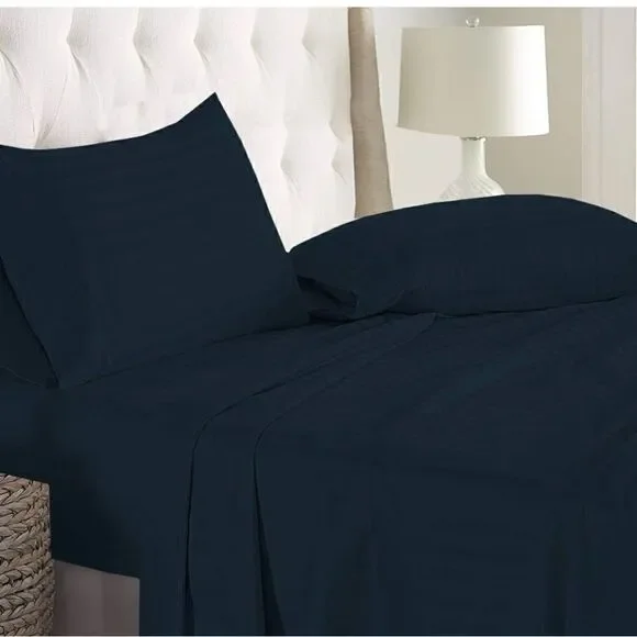 Split Queen Sheets Adjustable Bed Cotton-Deep Pockets-5 Pcs Navy Blue Stripe NEW - Picture 2 of 6